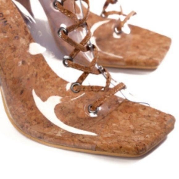 Clear Chunky Heel Peep Toe Lace Up Booties in Cork - Picture 4 of 6